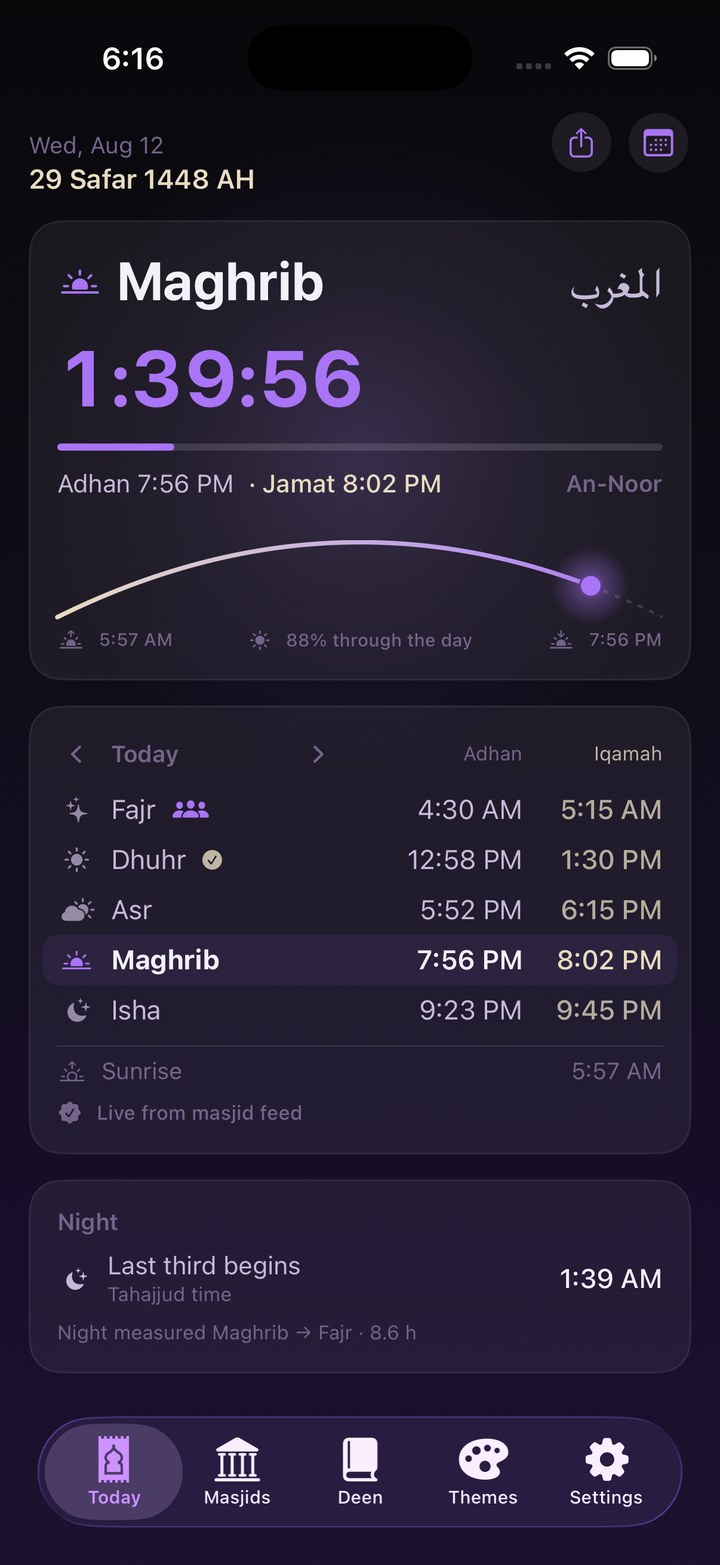 Saff's Today screen: Dhuhr countdown, adhan and jamat times, and the day's timetable marked live from the masjid feed