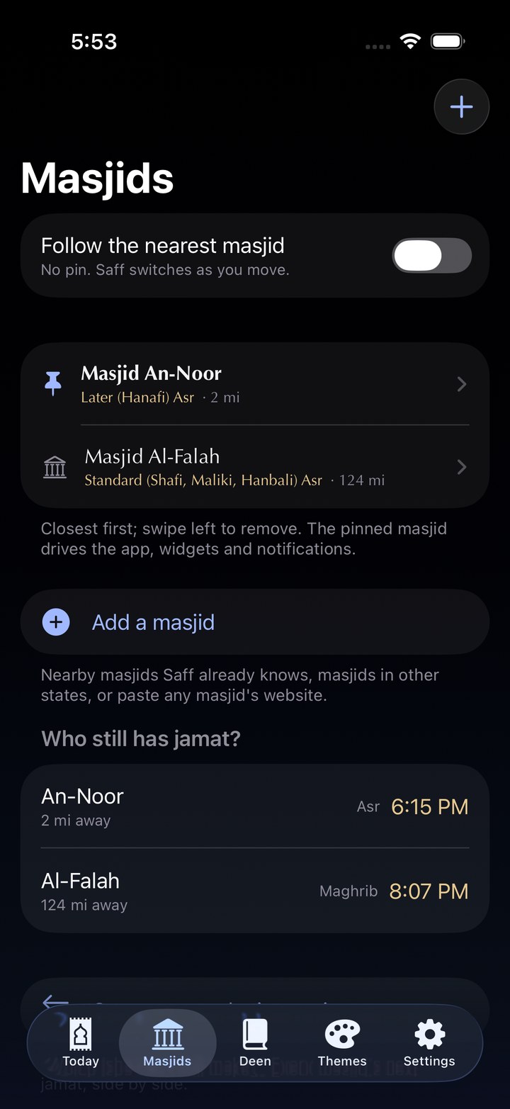 The Masjids list: follow-the-nearest toggle, pinned masjid, and per-masjid Asr schools