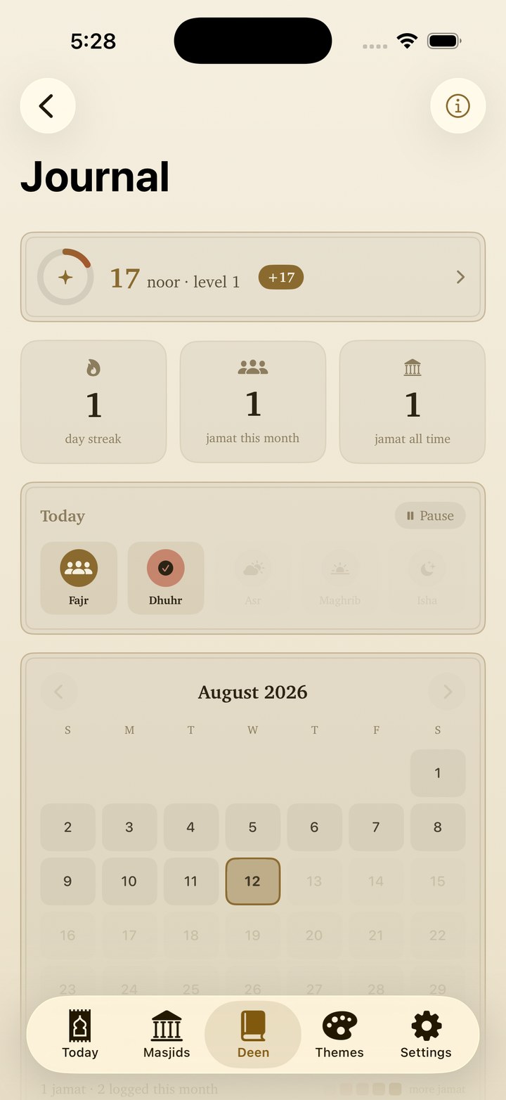 The journal with noor, streak tiles, and the month calendar