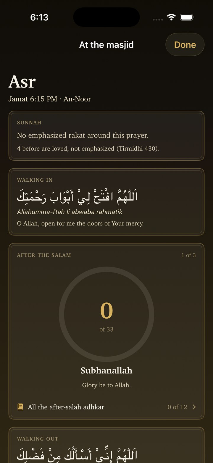 At-the-masjid mode: Fajr sunnah count, the walking-in dua, and the tasbih ring