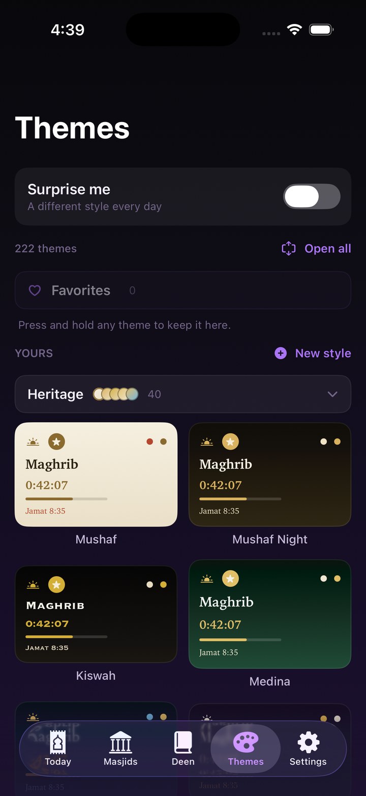 The Themes tab in sea-teal: favorites, surprise me, and the theme drawers